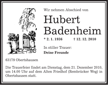 Traueranzeige von Hubert Badenheim von OFFENBACH-POST/HANAU-POST
