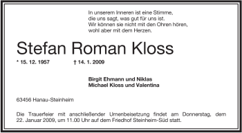 Traueranzeige von Stefan Roman Kloss von OFFENBACH-POST/HANAU-POST