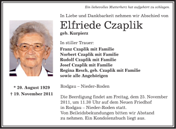 Traueranzeige von Elfriede Czaplik von OFFENBACH-POST/HANAU-POST