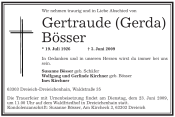 Traueranzeige von Gertraude Bösser von OFFENBACH-POST/HANAU-POST