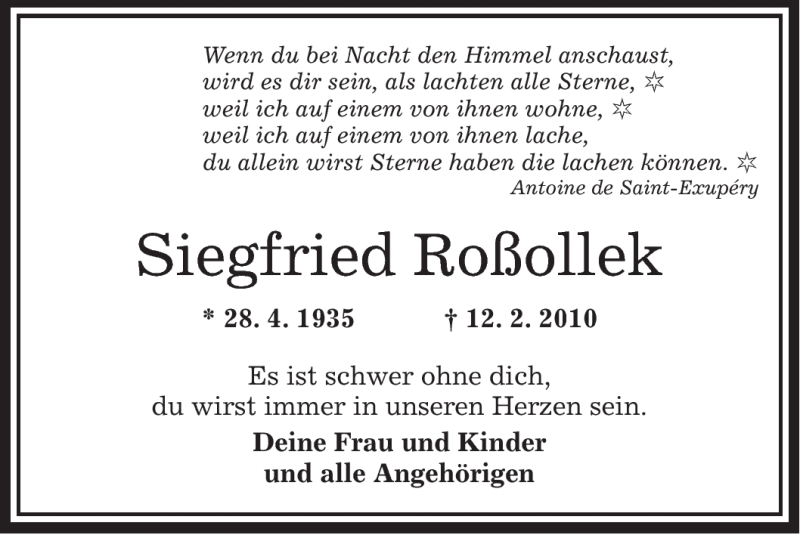  Traueranzeige für Siegfried Roßollek vom 12.02.2011 aus OFFENBACH-POST/HANAU-POST