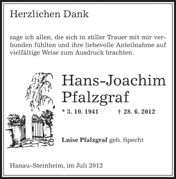 Traueranzeige von Hans-Joachim Pfalzgraf von OFFENBACH-POST/HANAU-POST