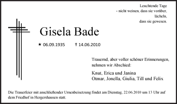 Traueranzeige von Gisela Bade von OFFENBACH-POST/HANAU-POST