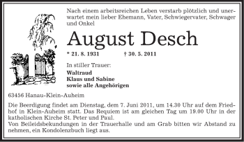 Traueranzeige von August Desch von OFFENBACH-POST/HANAU-POST