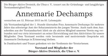 Traueranzeige von Annemarie Dechamps von Offenbach