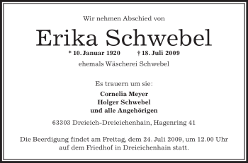 Traueranzeige von Erika Schwebel von OFFENBACH-POST/HANAU-POST