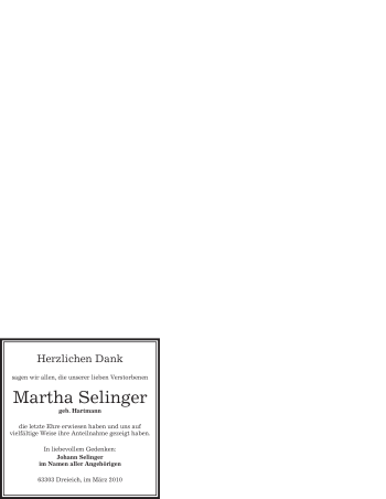 Traueranzeige von Martha Selinger von OFFENBACH-POST/HANAU-POST