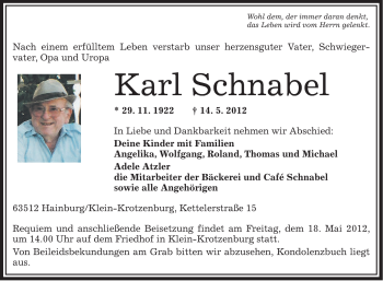 Traueranzeige von Karl Schnabel von OFFENBACH-POST/HANAU-POST