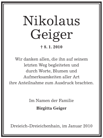 Traueranzeige von Nikolaus Geiger von OFFENBACH-POST/HANAU-POST