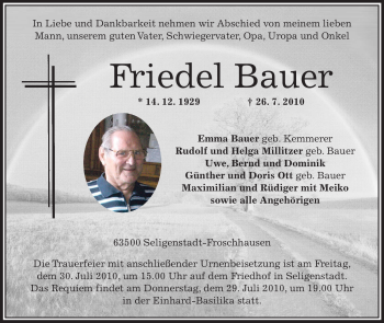 Traueranzeige von Friedel Bauer von OFFENBACH-POST/HANAU-POST