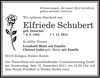 Traueranzeige von Elfriede Schubert von OFFENBACH-POST/HANAU-POST