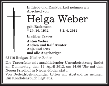 Traueranzeige von Helga Weber von OFFENBACH-POST/HANAU-POST