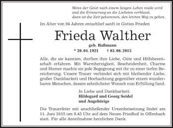 Traueranzeige von Frieda Walther von Offenbach