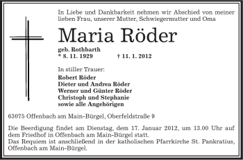 Traueranzeige von Maria Röder von OFFENBACH-POST/HANAU-POST