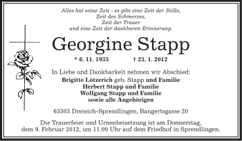 Traueranzeige von Georgine Stapp von OFFENBACH-POST/HANAU-POST