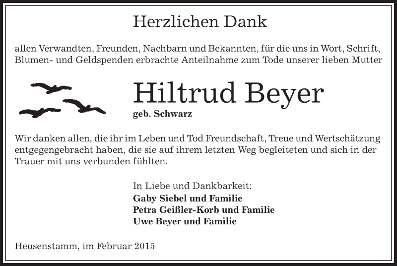  Traueranzeige für Hiltrud Beyer vom 28.02.2015 aus Offenbach