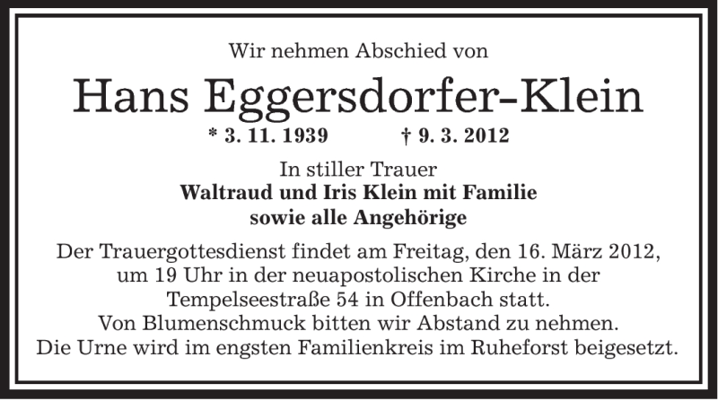  Traueranzeige für Hans Eggersdorfer-Klein vom 12.03.2012 aus OFFENBACH-POST/HANAU-POST