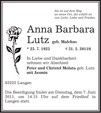 Traueranzeige von Anna Barbara Lutz von OFFENBACH-POST/HANAU-POST