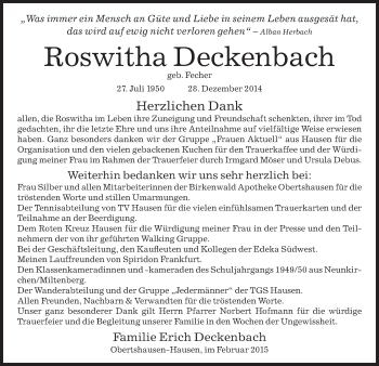 Traueranzeige von Roswitha Deckenbach von Offenbach