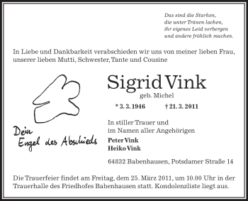 Traueranzeige von Sigrid Vink von OFFENBACH-POST/HANAU-POST