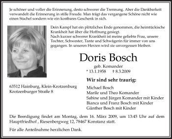 Traueranzeige von Doris Bosch von OFFENBACH-POST/HANAU-POST