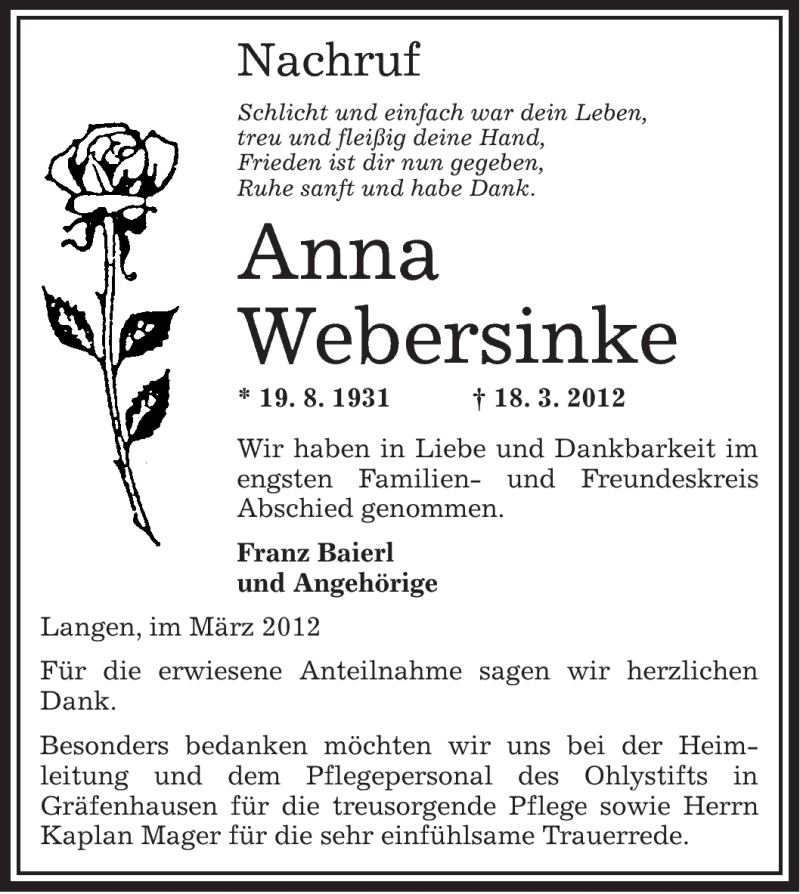  Traueranzeige für Anna Webersinke vom 05.04.2012 aus OFFENBACH-POST/HANAU-POST