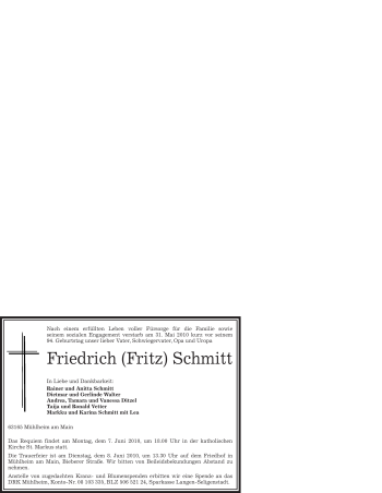 Traueranzeige von Friedrich Schmitt von OFFENBACH-POST/HANAU-POST
