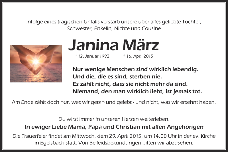  Traueranzeige für Janina März vom 25.04.2015 aus Offenbach