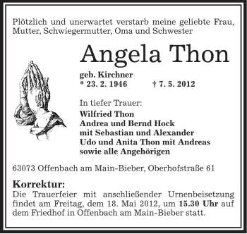 Traueranzeige von Angela Thon von OFFENBACH-POST/HANAU-POST