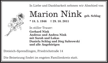 Traueranzeige von Marion Nink von OFFENBACH-POST/HANAU-POST