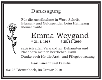 Traueranzeige von Emma Weygand von OFFENBACH-POST/HANAU-POST