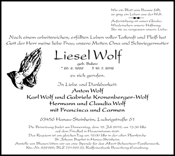 Traueranzeige von Liesel Wolf von OFFENBACH-POST/HANAU-POST