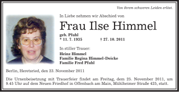 Traueranzeige von Ilse Himmel von OFFENBACH-POST/HANAU-POST