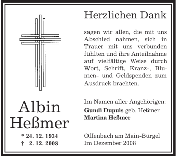 Traueranzeige von Albin Heßmer von OFFENBACH-POST/HANAU-POST