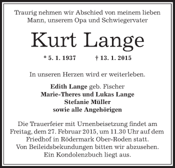 Traueranzeige von Kurt Lange von Offenbach