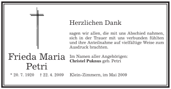 Traueranzeige von Frida Maria Petri von OFFENBACH-POST/HANAU-POST