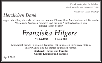 Traueranzeigen von Franziska Hilgers | trauer.op-online.de