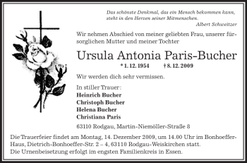 Traueranzeige von Ursula Antonia Paris-Bucher von OFFENBACH-POST/HANAU-POST