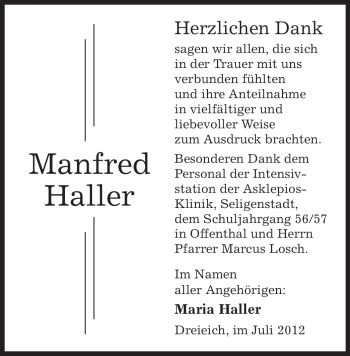 Traueranzeige von Manfred Haller von OFFENBACH-POST/HANAU-POST