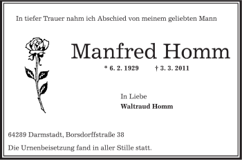 Traueranzeige von Manfred Homm von OFFENBACH-POST/HANAU-POST