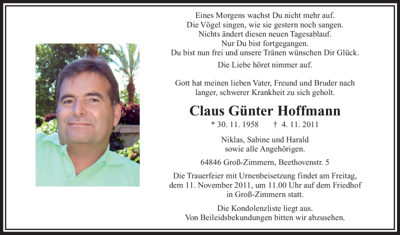  Traueranzeige für Claus Günter Hoffmann vom 10.11.2011 aus OFFENBACH-POST/HANAU-POST