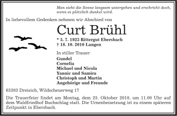 Traueranzeige von Curt Brühl von OFFENBACH-POST/HANAU-POST