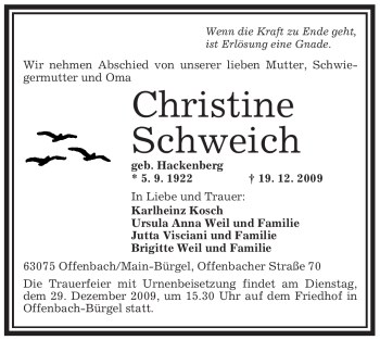 Traueranzeige von Christine Schweich von OFFENBACH-POST/HANAU-POST