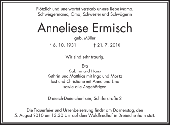 Traueranzeige von Anneliese Ermisch von OFFENBACH-POST/HANAU-POST