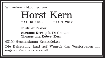 Traueranzeige von Horst Kern von OFFENBACH-POST/HANAU-POST