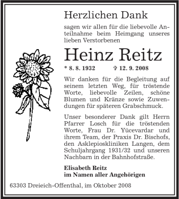 Traueranzeige von Heinz Reitz von OFFENBACH-POST/HANAU-POST