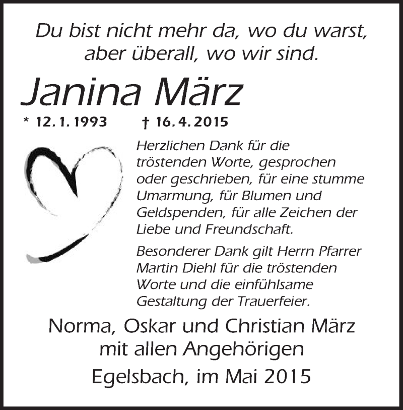  Traueranzeige für Janina März vom 23.05.2015 aus Offenbach