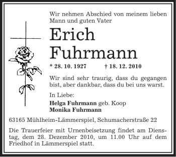 Traueranzeige von Erich Fuhrmann von OFFENBACH-POST/HANAU-POST