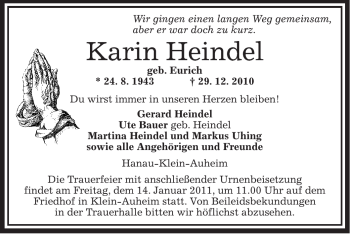 Traueranzeige von Karin Heindel von OFFENBACH-POST/HANAU-POST