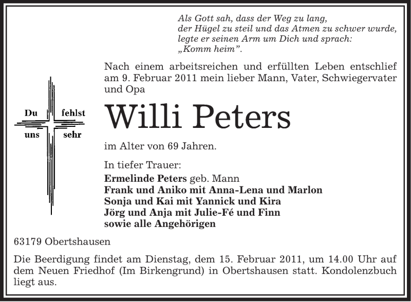  Traueranzeige für Willi Peters vom 12.02.2011 aus OFFENBACH-POST/HANAU-POST